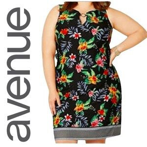 AVENUE Floral Sleeveless Dress Black O-Ring Tropical Stretch Women’s 18/20